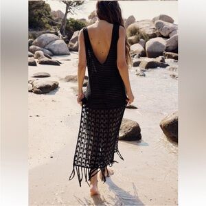 Zara Black Fringe Crochet Cover Up Dress